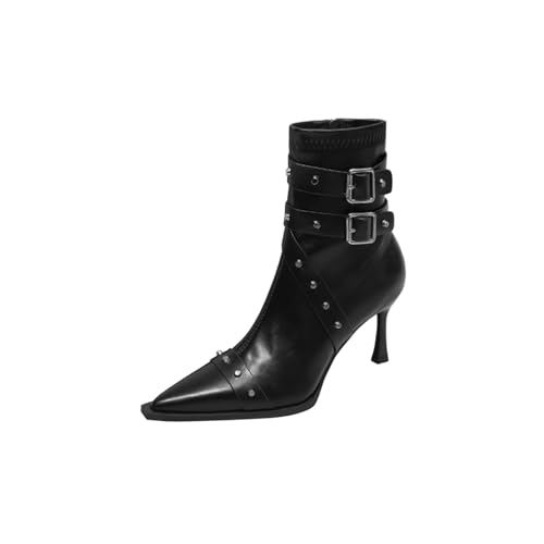 RBCYC Damen Niete Stiefel mit Reißverschluss Stiefeletten Bänder Schlupfstiefel Geschlossene Spitze Zehe Schuhe Stilettos Hohe Absatz Einkaufen Nachtclubs EU Size 35 Schwarz von RBCYC