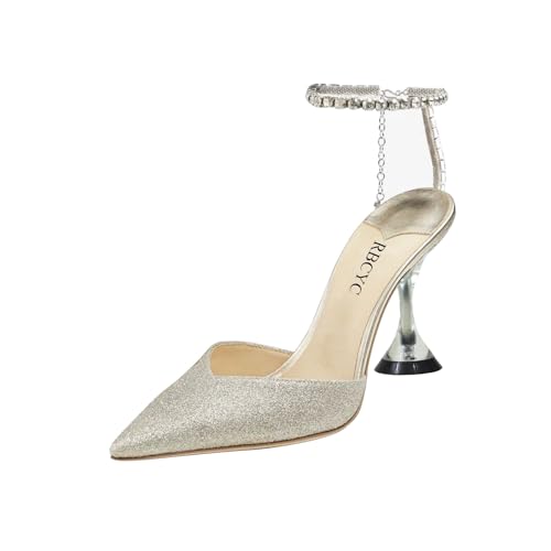 RBCYC Damen Pumps mit Knöchelriemen Glitzersteine Riemchensandalen Strass Knöchelschnalle Halbschuhen Spitze Zehenbereich Schuhe Hohe Durchsichtige Pfennigabsatz Hochzeit Club EU Size 35 Golden von RBCYC