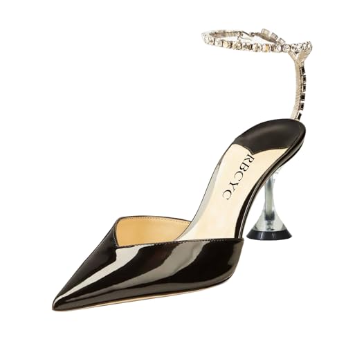 RBCYC Damen Pumps mit Knöchelriemen Glitzersteine Riemchensandalen Strass Knöchelschnalle Halbschuhen Spitze Zehenbereich Schuhe Hohe Durchsichtige Pfennigabsatz Hochzeit Club EU Size 35 Schwarz von RBCYC