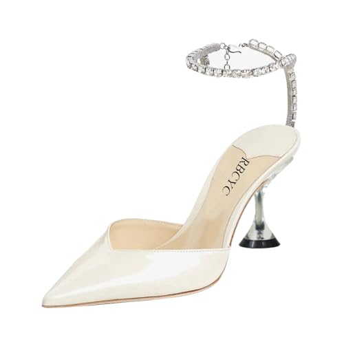 RBCYC Damen Pumps mit Knöchelriemen Glitzersteine Riemchensandalen Strass Knöchelschnalle Halbschuhen Spitze Zehenbereich Schuhe Hohe Durchsichtige Pfennigabsatz Hochzeit Club EU Size 38 Weiß von RBCYC