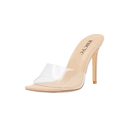 RBCYC Damen Sandalen Slip-On Sandaletten Klar Transparent Pantoletten Offene Spitze Zehe Schuhe Stiletto 9.5CM Pfennigabsätze Nachtclubs EU Size 41 Hautfarbe von RBCYC