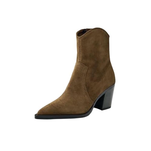 RBCYC Damen Stiefel Cowboy Stiefeletten Geschlossene Spitze Zehe Schlupfstiefel Block Hohe Absatz Westernstiefel Casual Reisen EU Size 36 Braun von RBCYC