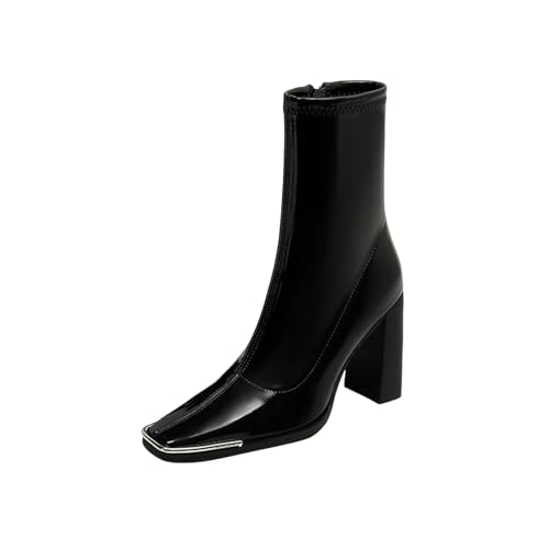 RBCYC Damen Stiefel Glänzende Schlupfstiefel mit Seitenreißverschluss Silbermetall Winterstiefel Geschlossene Quadratische Zehen Schuhe Chunky Hohe Absatz Konzerte EU Size 37 Schwarz von RBCYC