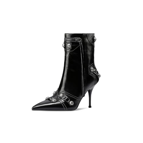RBCYC Damen Stiefel mit Reißverschluss Schlupfstiefel Niete Stiefeletten Geschlossene Spitze Zehe Stöckelschuhe Stilettos Hohe Absatz Casual Party EU Size 40 Schwarz von RBCYC