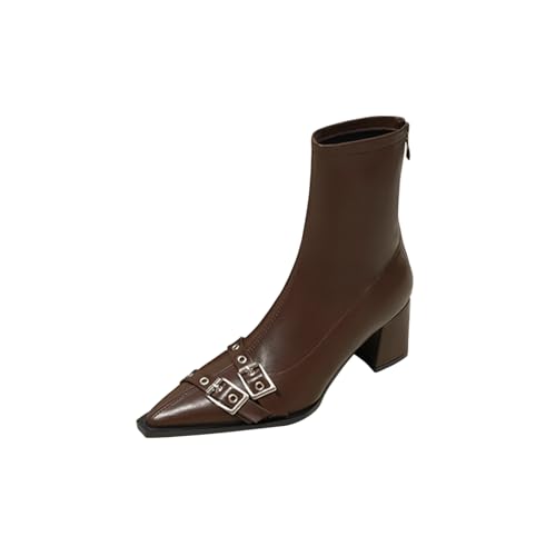 RBCYC Damen Stiefel mit Reißverschluss Schlupfstiefel Riemchen Winterstiefel Geschlossene Spitze Zehe Schuhe Mittlere Trotteurabsatz Casual Nachtclubs EU Size 38 Braun von RBCYC