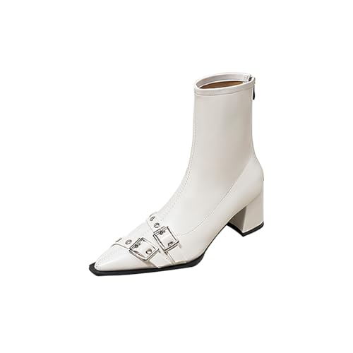 RBCYC Damen Stiefel mit Reißverschluss Schlupfstiefel Riemchen Winterstiefel Geschlossene Spitze Zehe Schuhe Mittlere Trotteurabsatz Casual Nachtclubs EU Size 39 Weiß von RBCYC