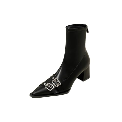 RBCYC Damen Stiefel mit Reißverschluss Schlupfstiefel Riemchen Winterstiefel Geschlossene Spitze Zehe Schuhe Mittlere Trotteurabsatz Casual Nachtclubs EU Size 40 Schwarz von RBCYC