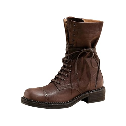 RBCYC Damen Stiefel mit seitlichen Reißverschlüssen Rindleder Stiefeletten Schnürsenkel Kampfstiefel Breite Rounde Zehe Schuhe Chunky Niederige Absatz Casual EU Size 35 Braun von RBCYC