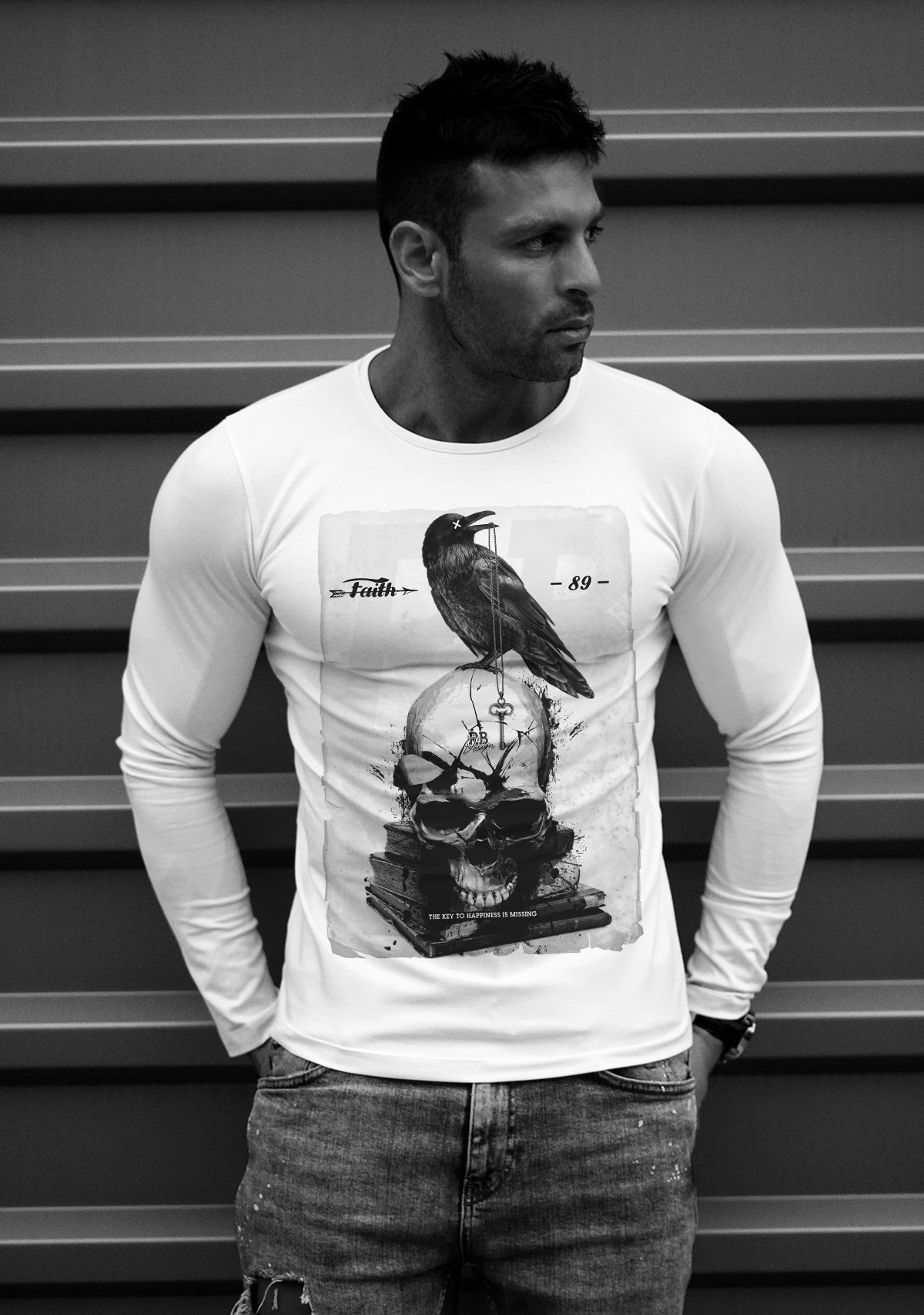 Cooles Herren Langarm Shirt - Top Verkauft Original Rb Design/Rrinted Raven Skull Beige, Army Grün Weiß Street Wear Md845 von RBDesign89