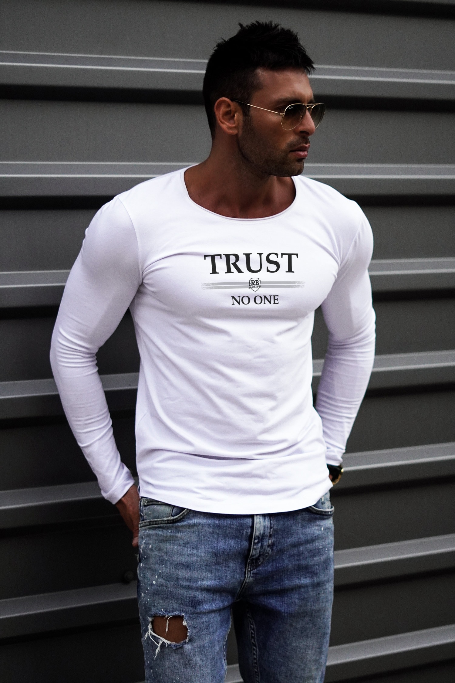 Herren Langarm Shirt "Trust No One"/High Quality Muscle Slim Fit Beige, Army Grün, Weiß Cool Fashion Tops Stretch Baumwolle Md976 von RBDesign89