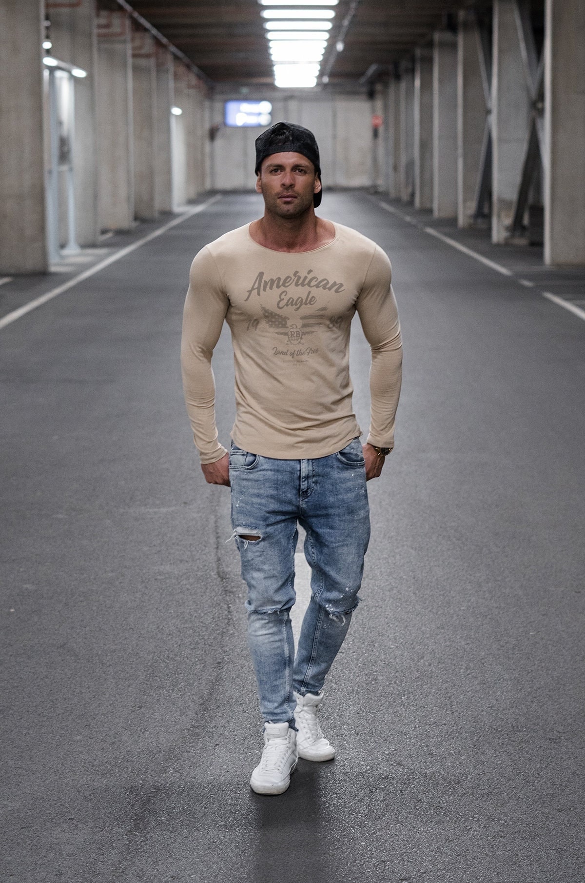 Herren Langarm T-Shirt ""American Eagle"" - Meistverkaufte Longline Stretch Baumwolle Beige, Weiß Armeegrün Original Rb Design Hemd Md860 von RBDesign89