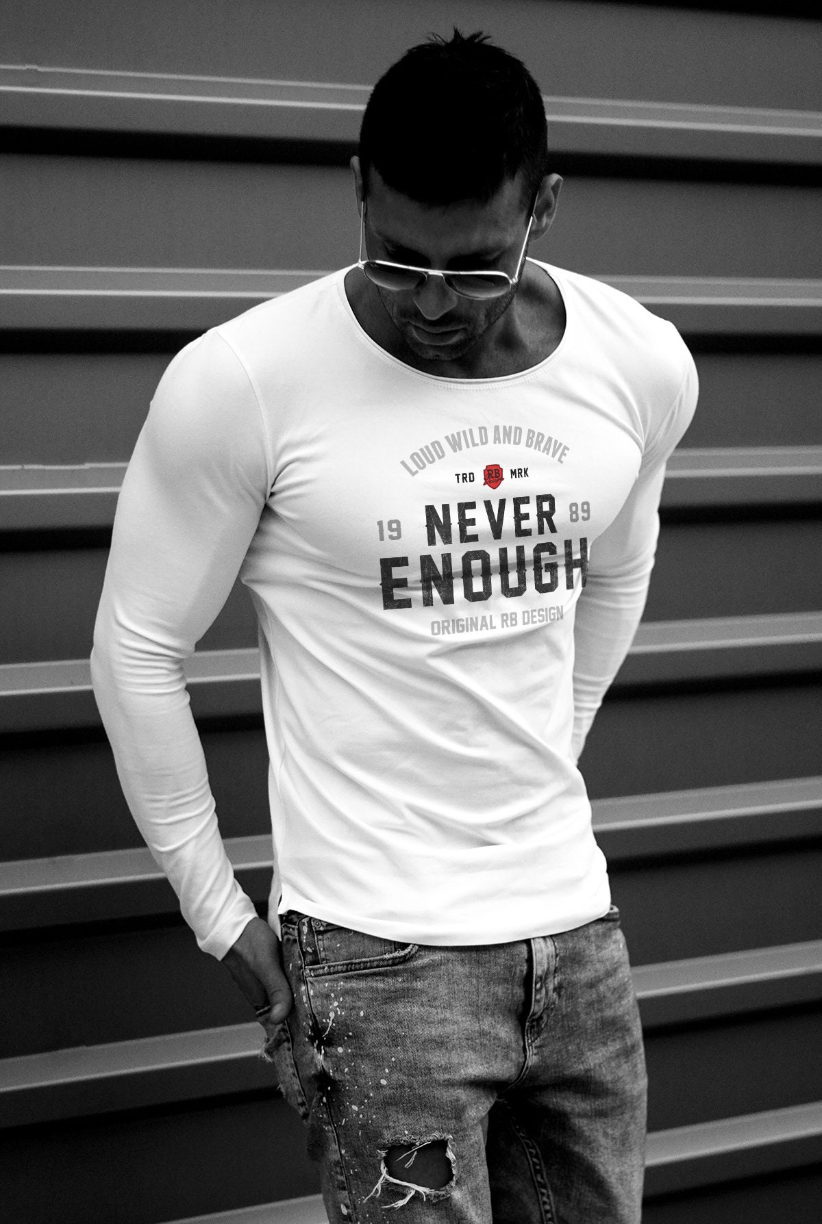 Herren Langarmshirt "Never Enough"/Hochwertiger Muskel Slim Fit Beige, Armeegrün, Weiß Designer-Markenlogo Stretch-Baumwolle Md981." von RBDesign89