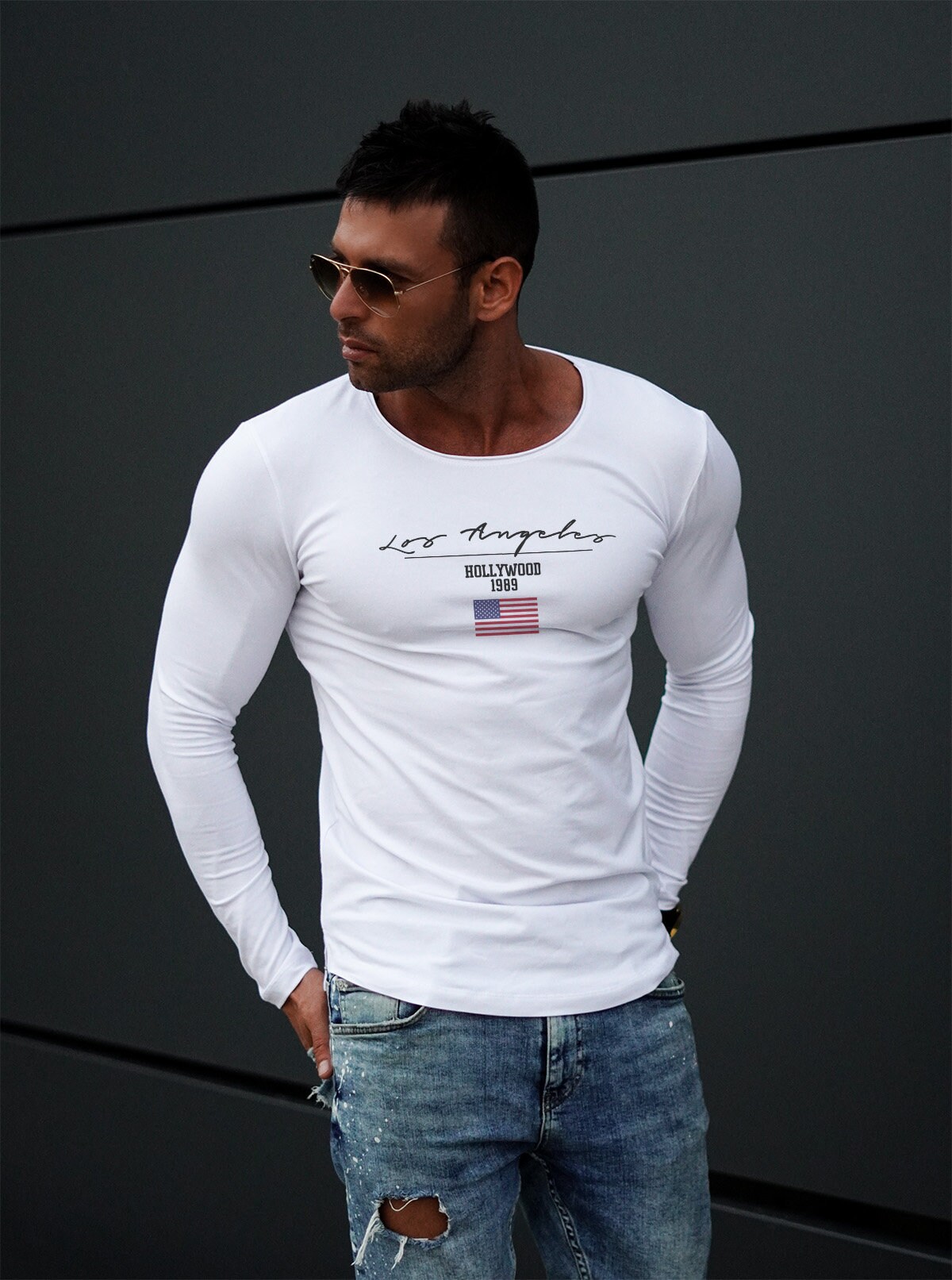 Herren Langarmshirts ""Los Angeles"" - Beige, Weiß, Armeegrün Longline Fashion Cool Top/Slim Fit Bedrucktes Us Flaggen-Shirt Md917La von RBDesign89