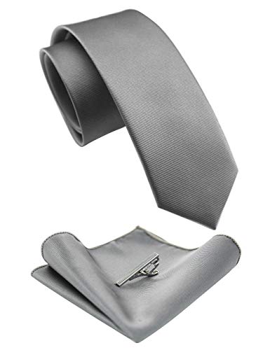 RBOCOTT 6,1 cm einfarbige schmale Krawatten- und Einstecktuch mit Krawattenklammer-Sets für Herren (6 cm), grau, One size von RBOCOTT