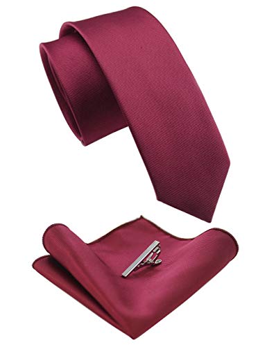 RBOCOTT Bordeaux rot Schmale Krawatte Seidenkrawatte und Einstecktuch mit Krawattenklammer Set(10) von RBOCOTT