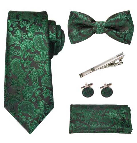 RBOCOTT Dunkelgrün Paisley Krawatte und Fliege Einstecktuch mit Krawattenklammer und Manschettenknöpfe Sets(7) von RBOCOTT