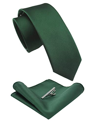 RBOCOTT Dunkelgrün Schmale Krawatte Seidenkrawatte und Einstecktuch mit Krawattenklammer Set(2) von RBOCOTT