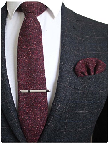 RBOCOTT Einfarbig Wolle Krawatte und Einstecktuch, Krawattenklammer Set für Männer, burgunderfarben, M von RBOCOTT