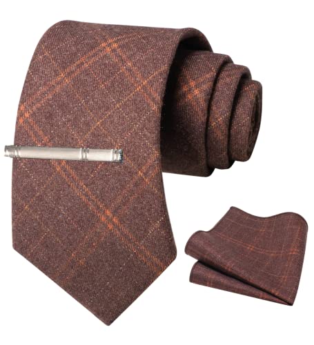 RBOCOTT Einfarbig Wolle Krawatte und Einstecktuch, Krawattenklammer Set für Männer, Kastanienbraun kariert, M von RBOCOTT