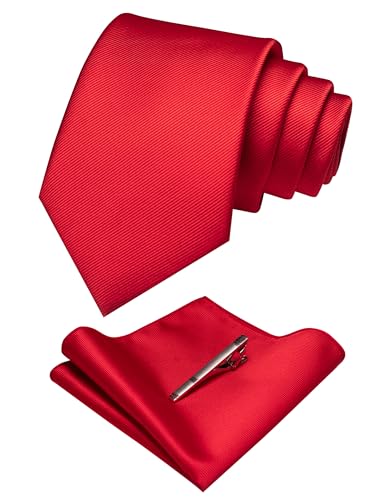 RBOCOTT Einfarbige Krawatten- und Einstecktuch, Krawattenklammer-Set für Herren, rot, Medium von RBOCOTT