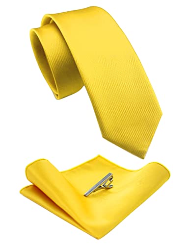 RBOCOTT Gelb Schmale Krawatte Seidenkrawatte und Einstecktuch mit Krawattenklammer Set(9) von RBOCOTT