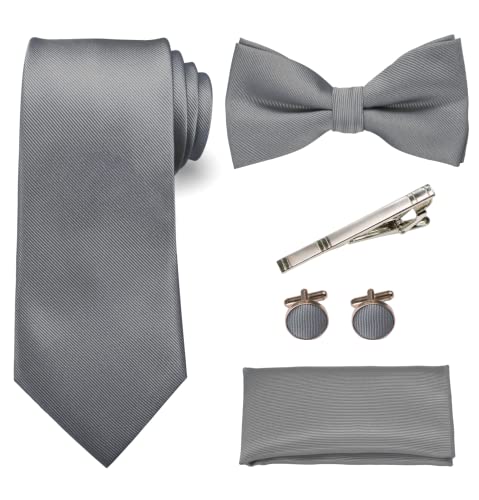 RBOCOTT Grau Krawatte und Fliege Einstecktuch mit Krawattenklammer und Manschettenknöpfe Sets(5) von RBOCOTT