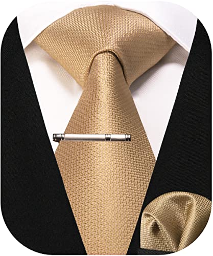 RBOCOTT Herren Champagner Gold Krawatte Seidenkrawatte und Einstecktuch mit Krawattenklammer Sets für Männer(51-18) von RBOCOTT