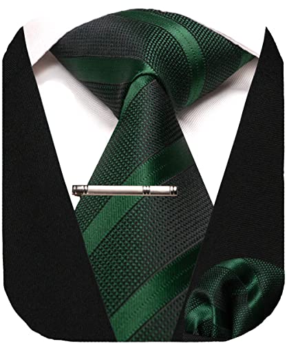 RBOCOTT Herren Dunkelgrün Gestreift Krawatte Seidenkrawatte und Einstecktuch mit Krawattenklammer Sets für Männer(251) von RBOCOTT