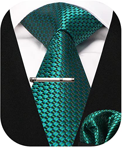 RBOCOTT Herren Dunkelgrün Krawatte Seidenkrawatte und Einstecktuch mit Krawattenklammer Sets für Männer(51-22) von RBOCOTT