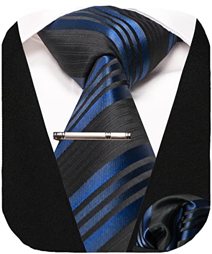 RBOCOTT Herren Marineblau Gestreift Krawatte Geschäft Seidenkrawatte und Einstecktuch mit Krawattenklammer Sets für Männer(267) von RBOCOTT