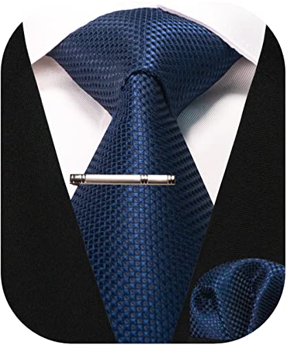RBOCOTT Herren Marineblaue Krawatte Seidenkrawatte und Einstecktuch mit Krawattenklammer Sets für Männer(51-28) von RBOCOTT