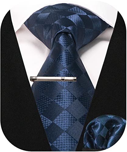 RBOCOTT Herren Marineblaue Krawatte Seidenkrawatte und Einstecktuch mit Krawattenklammer Sets für Männer(51-30) von RBOCOTT