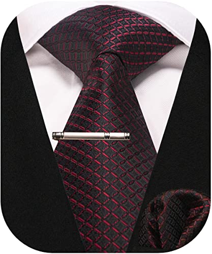 RBOCOTT Herren Rot Schwarze Krawatte Seidenkrawatte und Einstecktuch mit Krawattenklammer Sets für Männer(51-10) von RBOCOTT
