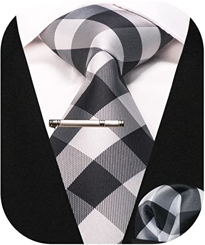 RBOCOTT Herren Schwarz Weiß Karierte Krawatte Seidenkrawatte und Einstecktuch mit Krawattenklammer Sets für Männer(51-13) von RBOCOTT