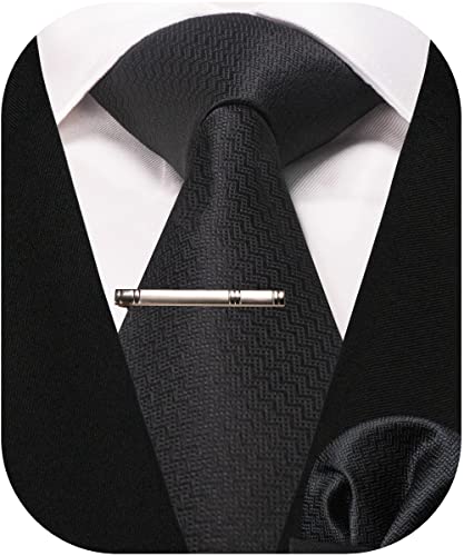 RBOCOTT Herren Schwarze Krawatte Seidenkrawatte und Einstecktuch mit Krawattenklammer Sets für Männer(51-24) von RBOCOTT