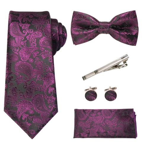 RBOCOTT Lila Paisley Krawatte und Fliege Einstecktuch mit Krawattenklammer und Manschettenknöpfe Sets(4) von RBOCOTT