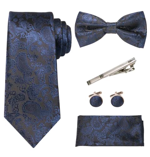 RBOCOTT Marineblau Paisley Krawatte und Fliege Einstecktuch mit Krawattenklammer und Manschettenknöpfe Sets(6) von RBOCOTT