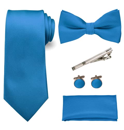 RBOCOTT Pfauenblau Krawatte und Fliege Einstecktuch mit Krawattenklammer und Manschettenknöpfe Sets(18) von RBOCOTT
