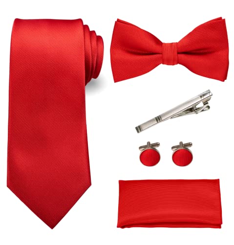 RBOCOTT Rot Krawatte und Fliege Einstecktuch mit Krawattenklammer und Manschettenknöpfe Sets(17) von RBOCOTT