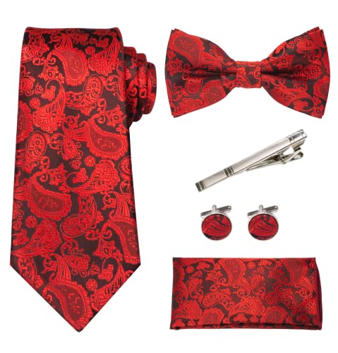 RBOCOTT Rot Paisley Krawatte und Fliege Einstecktuch mit Krawattenklammer und Manschettenknöpfe Sets(9) von RBOCOTT