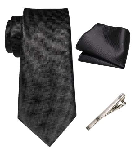 RBOCOTT Schwarz Krawatte Seidenkrawatte und Einstecktuch mit Krawattenklammer Sets für Männer 8cm(6) von RBOCOTT