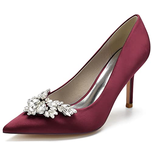 RBQIZVW Damen High Heels Kitten Heels Sandalen Schnalle Strass Geschlossene Zehe Kleid Hochzeit Brautschuhe Für Frauen Braut Brautjungfer,Burgundy,38 von RBQIZVW