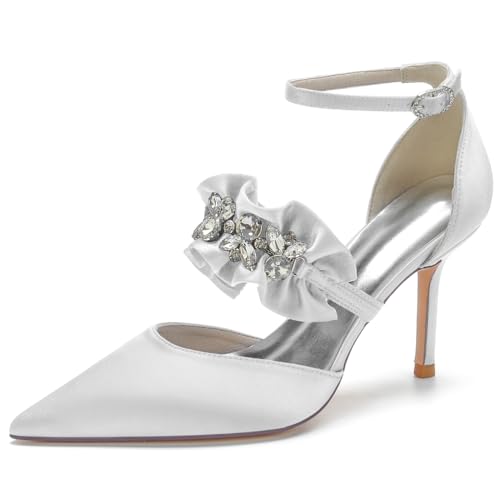 RBQIZVW Damen Hochzeits-Pumps mit Strass Geschlossener Spitze, Satin, Riemchen am Fußgelenk und Schnalle - Elegante Brautschuhe für Brautkleider,Weiß,39 RBQIZVW Damen Hochzeits-Pumps mit Strass Geschlossener Spitze, Satin, Riemchen am Fußgelenk und Schnalle - Elegante Brautschuhe für Brautkleider,Weiß,39 von RBQIZVW