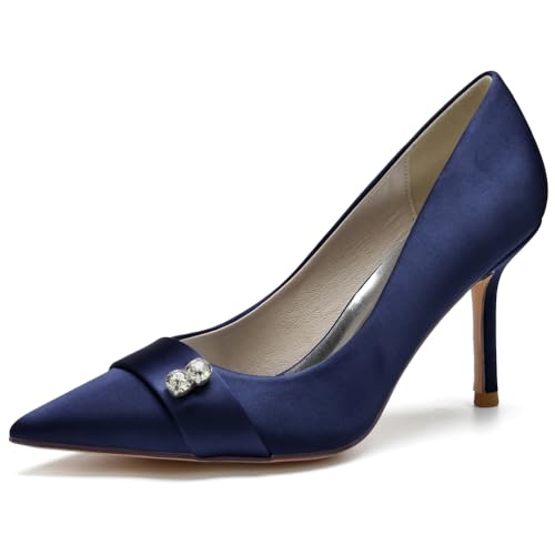 RBQIZVW Damen Hochzeitshochhacken, Spitzzehen Hochzeitsschuhe für die Braut, High Heels Slip-On mit Strasssteinen, Brautschuhe aus Satin,Dark Blue,43 von RBQIZVW