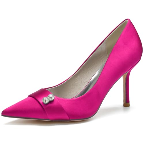 RBQIZVW Damen Hochzeitshochhacken, Spitzzehen Hochzeitsschuhe für die Braut, High Heels Slip-On mit Strasssteinen, Brautschuhe aus Satin,Rose red,42 von RBQIZVW