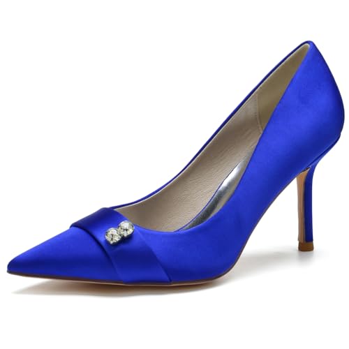 RBQIZVW Damen Hochzeitshochhacken, Spitzzehen Hochzeitsschuhe für die Braut, High Heels Slip-On mit Strasssteinen, Brautschuhe aus Satin,Royal Blue,39 von RBQIZVW