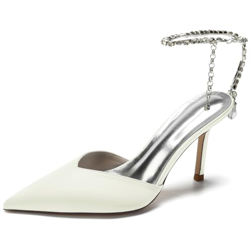 RBQIZVW Damen Hochzeitspumps Mit Hohen Absätzen, Kitten-Heels, Stiletto, Spitze Zehenpartie, Geschlossene Zehen, Schnalle, Elegante Abendschuhe,Elfenbein,38 von RBQIZVW