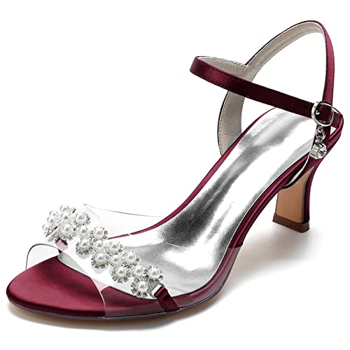 RBQIZVW Damen Hochzeitsschuhe mit Perlen, hohe Absätze, runde Zehenpartie, offene Zehen, Brautschuhe, Satin, Schnalle, Knöchelriemen, Satin-Pumps,Burgundy,39 von RBQIZVW
