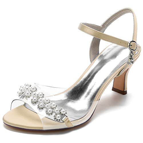 RBQIZVW Damen Hochzeitsschuhe mit Perlen, hohe Absätze, runde Zehenpartie, offene Zehen, Brautschuhe, Satin, Schnalle, Knöchelriemen, Satin-Pumps,Champagne,41 von RBQIZVW