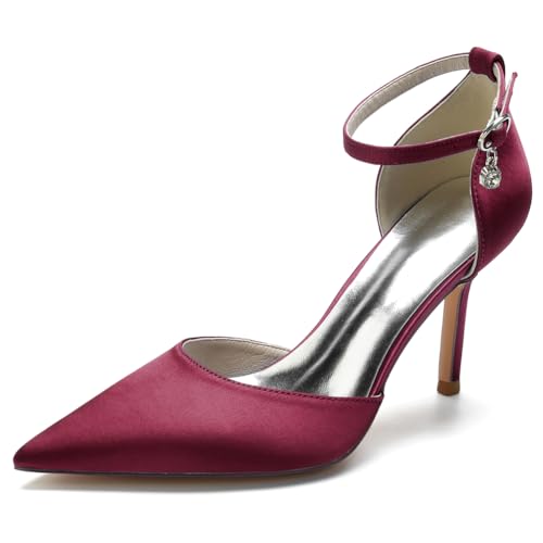 RBQIZVW Damen Pumps - Spitzzehen Stilettos High Heels | Brautschuhe mit Verstellbarer Schnalle Lackschuhe 8,5 cm,Burgundy,40 von RBQIZVW